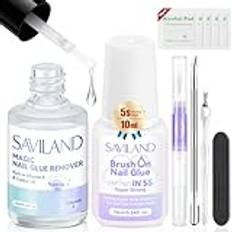 SAVILAND Nail Glue with Nail Glue Remover Kit:【Castor Oil VE】Nail Glue Extra Strong for Acrylic Nails 5S Quick Dry Plant Based Nail Glue with Cuticle Oil Pen False Nail Remover for Press on Nails