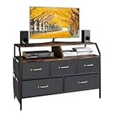 TREETALK TV Cabinet, TV Stand with 5 Fabric Storage Boxes and 4 Divided Side Pockets,Rustic Console Table with Unique Bevel Angle Adjustable Leg Pads for Living ROOM Bedroom Office