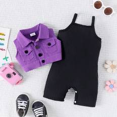SHEIN Baby Girl Summer ButtonFront Purple Denim Vest And Romper Set With Suspender Shorts