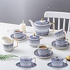 DDKYHU 11 Pieces Porcelain Tea Set Castle Coffee Cups and Saucer Ceramic Coffee Set with Teapot, Sugar Bowl, Creamer Pitcher,11pcs (15pcs)