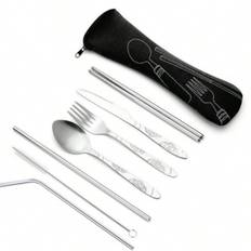 SHEIN Pcs Set Dinnerware Lunch Tableware Cutlery Portable Printed Stainless Steel Spoon Fork Steak Knife Set Travel Tableware With Bag