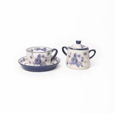 London Pottery Tea Cup, Saucer And Sugar Bowl Set - Blue Rose - white (16.5 H x 8.0 W cm)