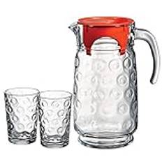 Pasabahce 7 Piece Glassware Set Water Jug and 6 Glasses Tumblers with Red Lid