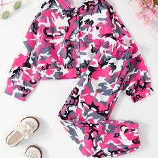 2pcs Camouflage Pattern Button Cardigan Lapel Jacket + Camouflage Print Pants Set, Comfy Outfits For Girls Sports Autumn Clothes - Dark Pink - 13-14Y
