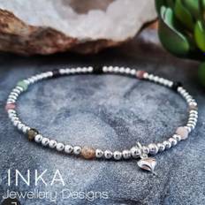 Inka 925 sterling silver handmade beaded anklet with tourmaline & a heart charm