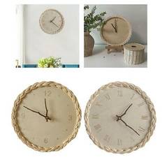 Wooden wall clock bohemian hand woven rattan round for home gift ornaments