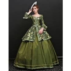 Victorian Baroque Green Long Sleeves Vintage Jacquard Dress Era Clothing with hat Retro Costumes Halloween