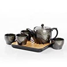 MiliPow Japanese Style Tea Set, Black Porcelain Tea Set with 1 Teapot Set, 4 Tea Cups, 1 Tea Tray, 1 Stainless Infuser, Beautiful Asian Tea Set
