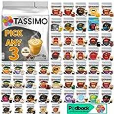 Tassimo Coffee, Tea, Chocolate Pods. Pick Any 3 Packs from 50+ Blends Including Kenco, Costa, L'or, Jacobs, Chai latte, Baileys, Cadbury, Milka, Oreo, Twinings, Cafe Hag.