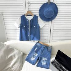 SHEIN Tween Boy pcsSet Casual Stylish Washed Blue Denim Vest Jacket And Loose Straight Leg Cargo Pocket Denim Bermuda Shorts With Denim Hat SetFor Summer