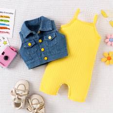 SHEIN Baby Girl Denim Vest And Solid Color Suspender Shorts Jumpsuit Set