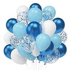 Luftballons Blau Weiss, Metallic Blau Helium Ballon, 60Pcs Blaue Konfetti Ballons, 12 Zoll Hellblau Weiß Latex Party Ballons für Kinder Geburtstag Hochzeit Taufe Baby Shower Deko