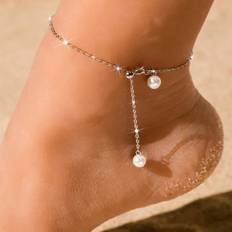 SHEIN pc Elegant Minimalist  Sterling Silver Yellow Gold Shell Pearl Chain Anklet With Adjustable Slider Hypoallergenic Suitable For Women Girls To Wear On