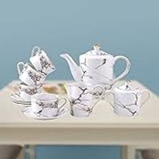 DDKYHU Porcelain Tea Set Luxury British Style Tea Coffee Cup Set Coffee Cups And Saucers With Teapot Sugar Bowl Milk Jug With Marble Pattern