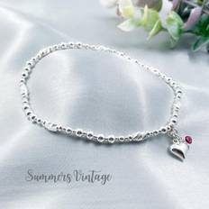 Sterling silver october birthstone anklet tourmaline beaded stretchy heart charm