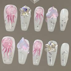 SHEIN pcs Coffin Shape Handmade Exquisite False Nails In Pure White  Pink Jellyfish Design With Pure HandPainted Super Flashing Starfish  Big Rhinestone  Pi
