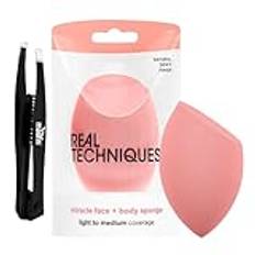 Real Techniques Makeup Sponge + Body Sponge, XL Size for Seamless Blending, Makeup Sponges for Foundation & Body, with Moofin Eyebrow Tweezers, Latex-Free, Foundation Sponges [Pack of 1]