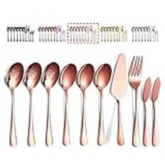 Rose Gold Cutlery Serving Spoons Set of 10 Pieces, Kyraton Serving Utensils, Serving Set Include 3 Serving Spoon, 3 Slotted Spoon, 1 Serving Fork, 1 Cake Server, 2 Butter Knife Spreaders