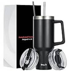 BAG.IT Travel Mug with Straw and Lid 40oz, Tumbler with Handle, Stainless Steel Travel Flask with +2 Straws & Lids | Leak Proof Coffee Cup for Hot or Iced Drink (Black,1200ml)