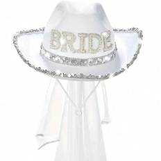 SHEIN pc Unisex White Bride HeartShaped Letter Fashionable Cowboy Hat With Wedding Veil For Bridal Shower Bachelorette Party And Honeymoon Bullfighting Seas