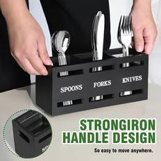 Classic Wooden Kitchen Utensil Holder With Strong Iron Handle - 3 Compartment Storage Organizer For Spoons, Forks, Knives - Ideal For Home And Restaurant Use - Black