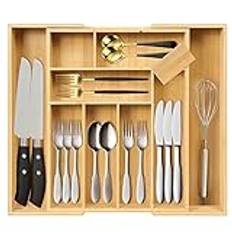 aceyoon Drawer Organiser Expandable, Bamboo Cutlery Tray Kitchen Drawer Dividers 8 to 10 Compartments Utensil Drawer Organiser Large Adjustable Silverware Organizer 32-49 x 41x 5 cm