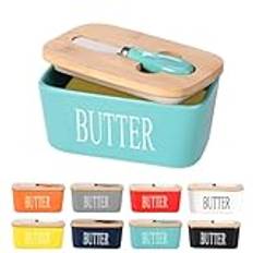 Lesige Ceramic Butter Dish with Wooden Lid, Large Butter Container Keeper Storage with Stainless Steel Butter Knife Spreader, Bamboo Cover and Silicone Sealing Ring for West East Coast Butter, Green