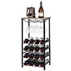 Sunexinlo Wine Rack Freestanding Floor, 16-Bottle Wine Storage Table with Wooden Tabletop, Wine Rack for Floor with Glass Holder for Kitchen，Pantry，Home