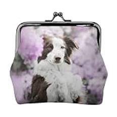 Brown Border Collie Spring Dogs with Flowers, Leather Coin Purse Wallets Leather Change Pouch with Kiss Lock Clasp Buckle Change Purse