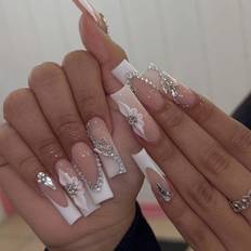SHEIN Enhance Your Elegant With pcs CoffinShaped PressOn Nail Tips Embellished With Sparkling D Rhinestone Flowers In SShape Perfect For Parties Comes With