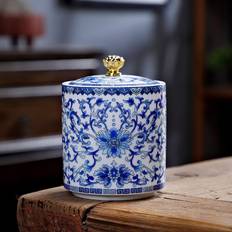 1pc Vintage Blue And White Porcelain Storage Jar With Enamel Color, Ceramic Sealed Tea Canister, Tea Caddy, Table Ornaments, Tea Accessories - Blue And White Tea Can With Blessing Characters