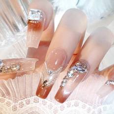 SHEIN pcsSet Luxurious Cat Eye D DiamondEncrusted False Nails With Gradient Blush And Sparkling French Style Can Be Reused With Nail Glue And File For DIY N