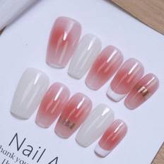 SHEIN Handmade Press On Nails pcs Short Coffin Fake Nails Ice Transparent Blush Pink Milky White French Style For Summer Manual Nail Tips Reusable Nail Stic