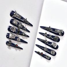 SHEIN Pieces Of Handmade Fake Nails Extra Long TubeShaped AShaped HandWearing Armor YKDark BlueSkullRubyBatpc Nail File And pc Nail Glue Daily Wear For Girl