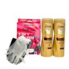 Dove Body Love Care Self-Tan Lotion Medium to Dark, 2x 400ml Bottles, with Solkiss Derma Washable Tanning Mitt - Gradual, Nourishing Glow, by Eliseha