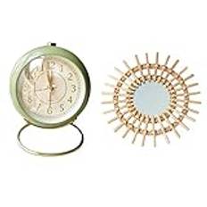 Zunedhys 1 Pcs Green Silent Alarm Clock Timer Desktop Alarm & 1 Pcs Rattan Dressing Mirror Innovative Art Decor Round Mirror
