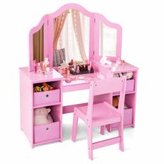 SHEIN Kids Vanity Table  Chair Set Pretend Play Makeup Vanity Set W  Removable Mirrors  Storage Bins For Children Makeup Dressing Table  Chair Set W Mirror