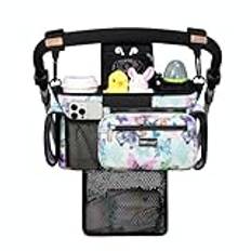 TOPDesign Universal Baby Stroller Organizer, Stroller Caddy with Detachable Mesh Bag & Heightened Insulated Cup Holders & Non-Slip Secure Hooks Accessories, Fits Most Strollers (Butterfly)