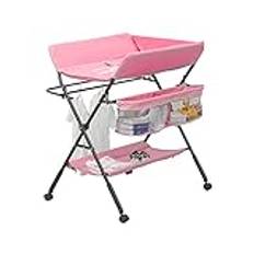 Pantanal Baby Folding Changing Table for Diaper Nappy with Storage on Wheels, Mobile Infant Nursing Changing Station Table Height Adjustable Newborn Care Massage with Storage Bag Height Rule (Pink)