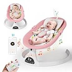 Brolteja Pink Electric Baby Bouncer with Connect Blueteeth and Remote Control,Baby Swing Chair with 5 Swing Amplitudes 3-Stage Timer,12 Songs Toddler Soft Padded Newborn Bouncer(Remote Control)