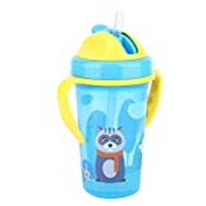 Baby Sippy Cup Straw Trainer Cup Cute Cartoon Infant Learner Sippy Cup Transparent Toddlers Water Drinking Cup Children's Summer Water Bottle with Handle(Blue)