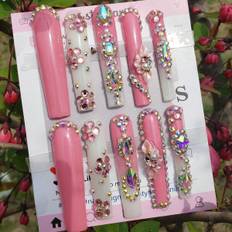 SHEIN pcs YK Extra Long D Handemade Press On Nails Full Diamond Flower Special Shape Diamond Square Long Nail Shape  pc Nail File And pc Nail Glue Suitable
