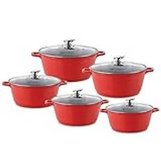 SQ Professional NEA Die-Cast Aluminium Stockpot Set 5pc 3-Layer Non-Stick Coating Stew pots Tempered Glass Lid with Steam Vent Induction Casserole pan (Red)