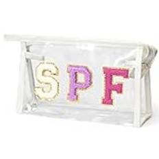 AsodSway Preppy Patch Cosmetic Bag - Summer Purple SPF Varsity Letter Clear Toiletry Bag Aesthetic Waterproof Portable Makeup Bag Transparent PVC Zipper Clutch Purse Travel Beach Bag for Women Girls,