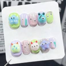 SHEIN pcs Cute Classroom Monster Pattern False Nails For Girls With Removable Design Including Nail Glue Wooden Stick And Nail File Press On Nails Nail Supp