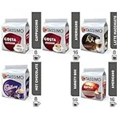 Tassimo Variety Box Coffee Pods Flavours Inc. Costa Cappuccino, Americano, Cadbury Hot Chocolate, L'OR Latte macchiato, Kenco Americano Smooth. (Pack of 5, Total 56 pods)