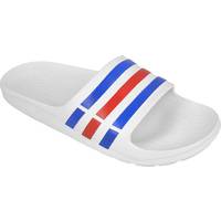 red white and blue adidas slides