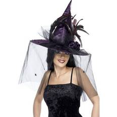 Smiffys Witch Hat Feathers & Netting Purple