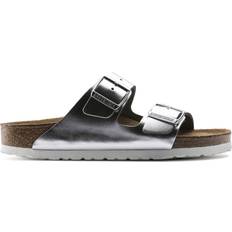 Silver - Women Slippers & Sandals Birkenstock Arizona Soft Footbed Leather - Metallic Silver