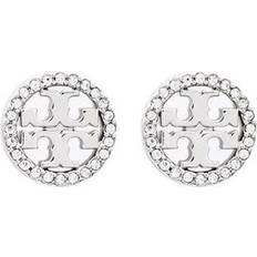 Tory Burch Logo Circle-Stud Earrings - Silver/Transparent